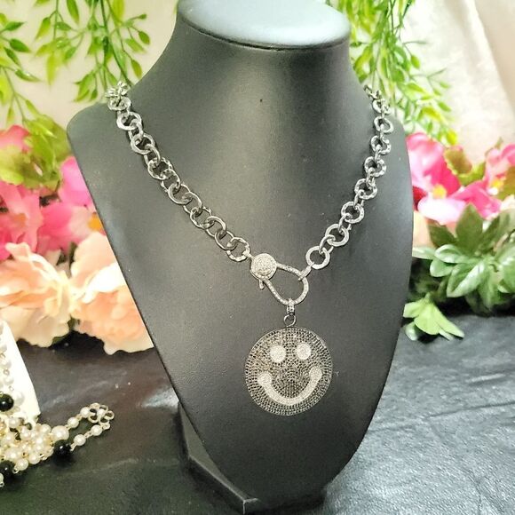 Black Diamond Smiley Face Necklace - Picture 8 of 17
